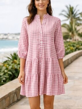 SHEIN Pink Gingham Tiered Button-Front Mini Dress Size M